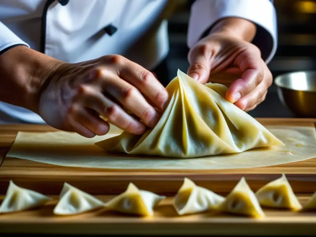 Un chef experto en Fusión de técnicas culinarias históricas crea dumplings fusionados con destreza, fusionando sabores y tradiciones