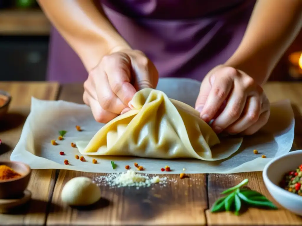 Un chef experto fusiona gastronomía recetas históricas al elaborar un dumpling artesanalmente