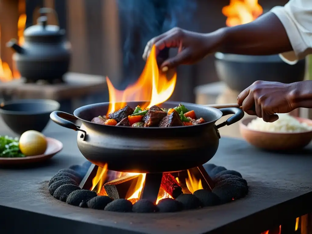 Un chef experto sazona un guiso africano sobre fuego en cocina al aire libre en África, creando una danza de luces y sombras