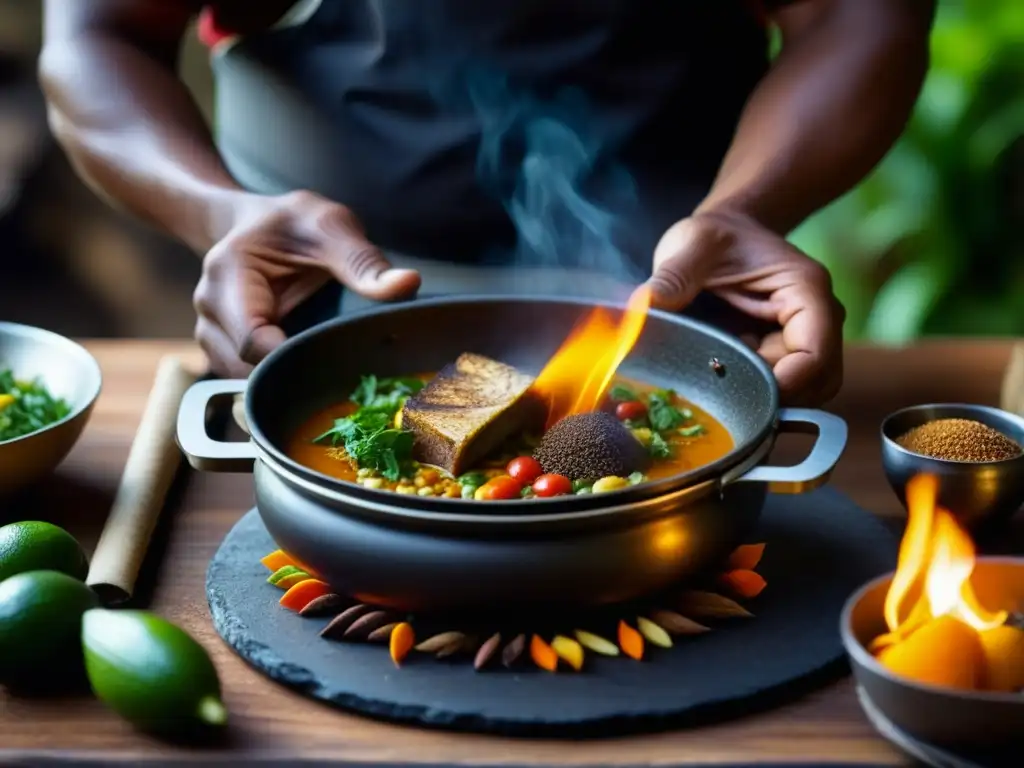 El chef experto sazona un guiso en la Amazonía, reflejando la influencia africana en la cocina amazónica cultural