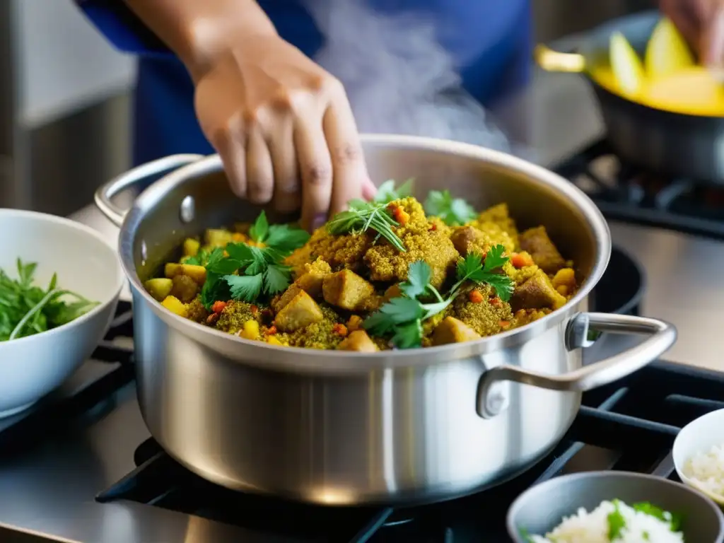 Un chef experto mezcla hierbas y especias en un intenso curry, reflejando la influencia diáspora sur asiática en la cocina