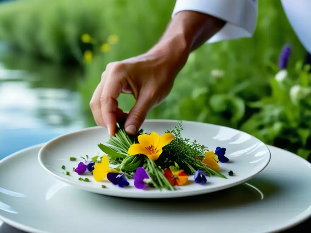 Un chef experto arregla hierbas y flores en un plato junto al río Sena, resaltando la gastronomía barroca