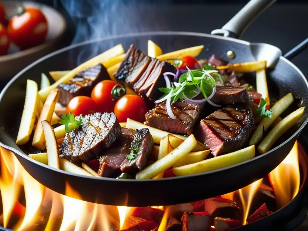 Un chef experto preparando lomo saltado, la historia del lomo saltado cultural cobra vida en una sartén caliente