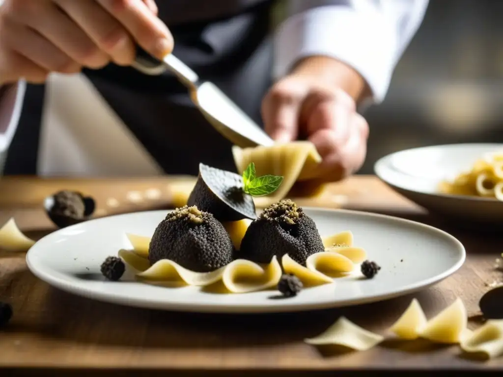 Un chef experto en historia trufas gastronomía arte culinario, raspa trufas negras sobre un plato de pasta