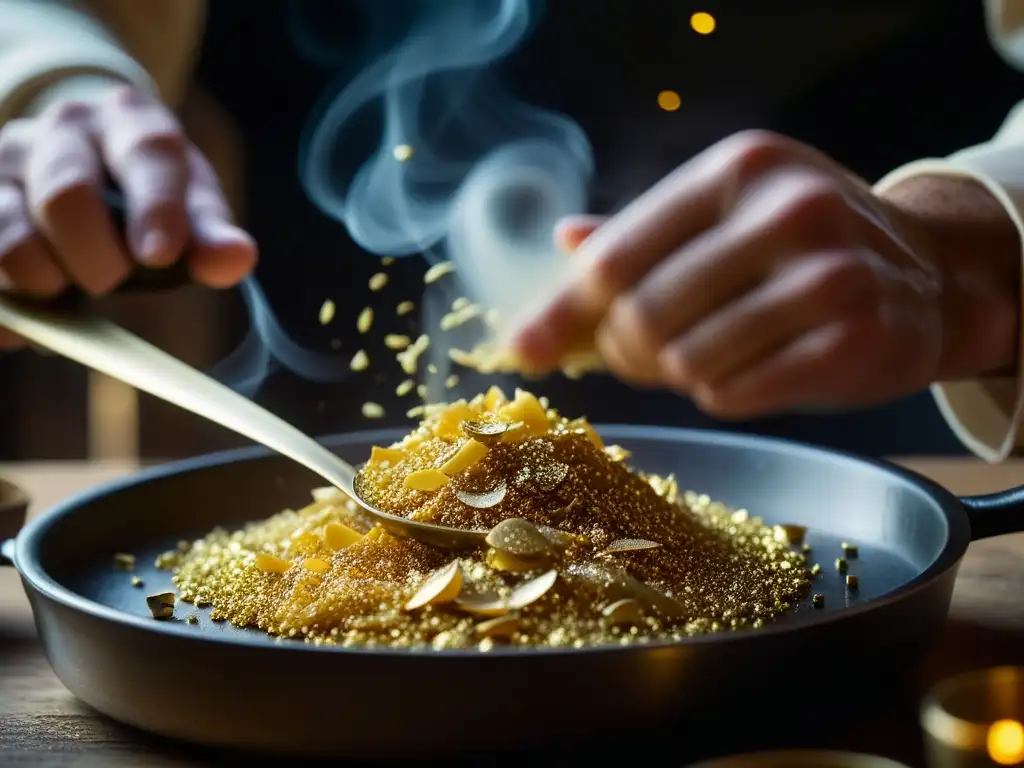 Un chef experto esparce hojuelas de oro sobre un exquisito plato en una cocina medieval, creando una atmósfera de alquimia en la cocina renacentista