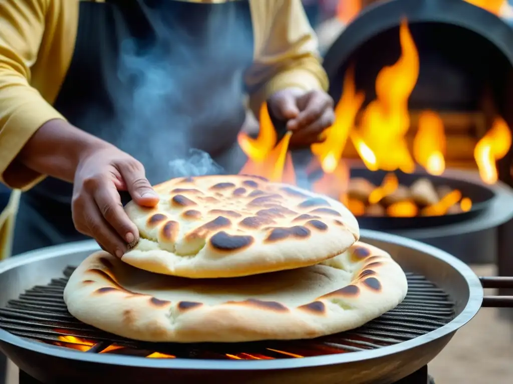 Un chef experto usa un horno tradicional de barro para cocinar pan naan en un bullicioso mercado callejero de la India