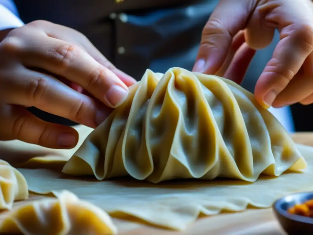 Un chef experto en influencia culinaria asiática en Pacífico, crea dumplings con precisión y gracia en una cocina auténtica y cálida