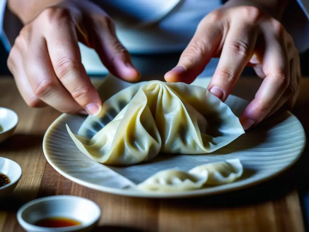 Un chef experto fusiona influencia europea en platillos asiáticos al doblar con destreza una fina lámina de masa para dumplings