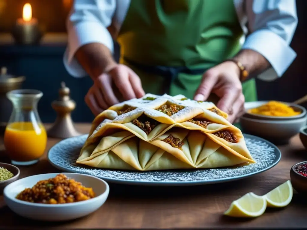 Un chef experto en influencia otomana cocina Magreb sabores, dobla hábilmente masa filo para crear un baklava