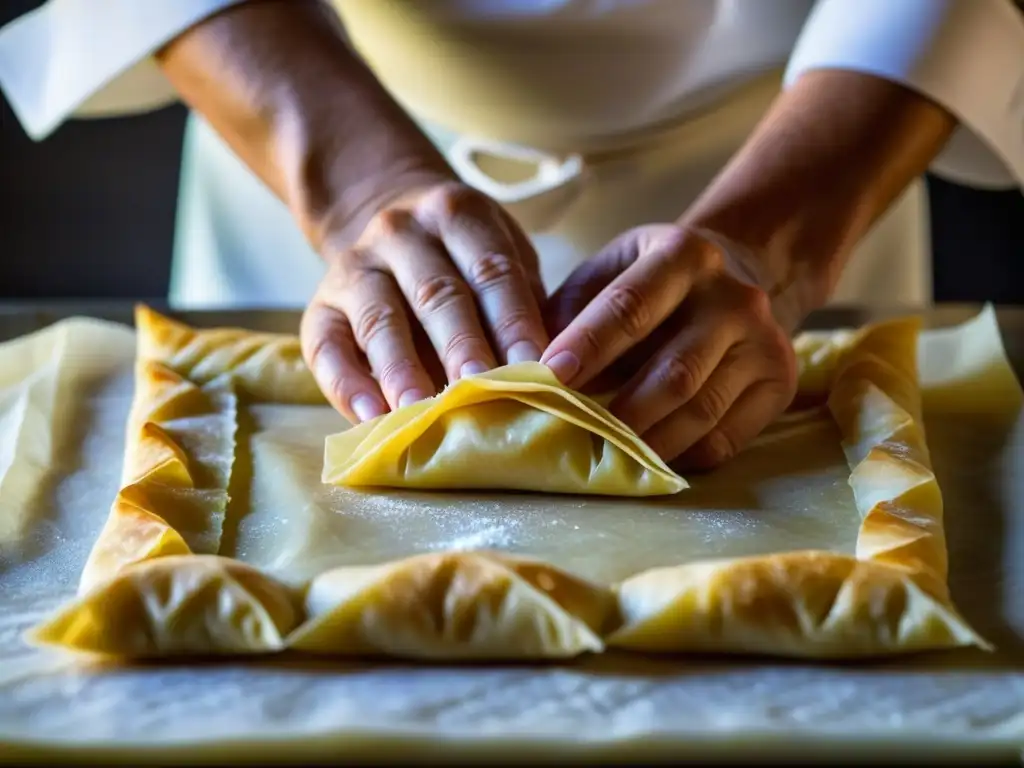 Un chef experto elabora baklava con influencia de revistas técnicas culinarias tradicionales