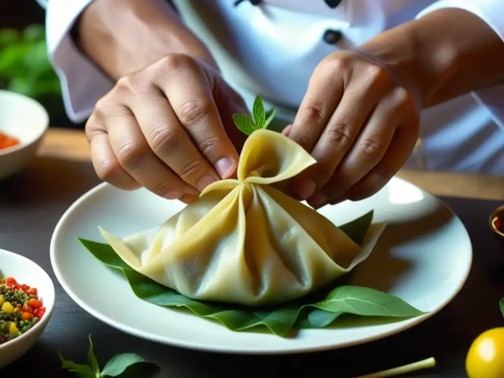 Chef experto fusionando influencias culinarias europeas y sudeste asiático en wontons delicados