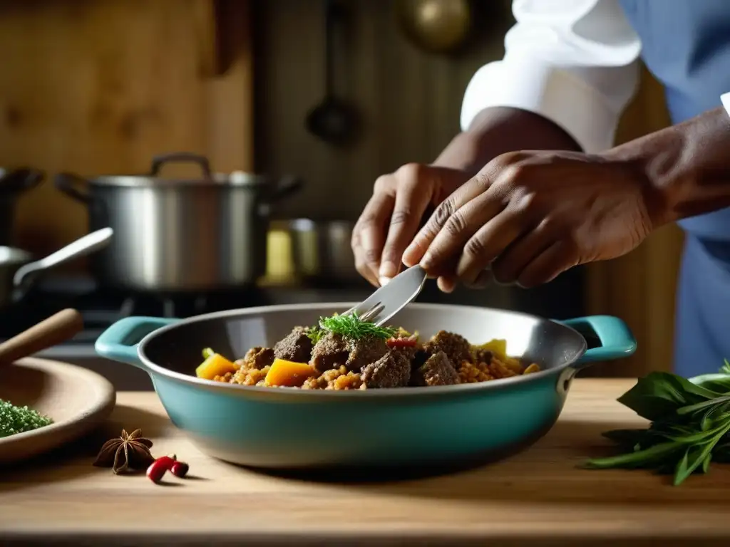 Chef experto mezcla sabores del Sur en cocina rústica Un chef experto fusiona influencias gastronómicas africanas y del sur de Estados Unidos en una cocina rústica