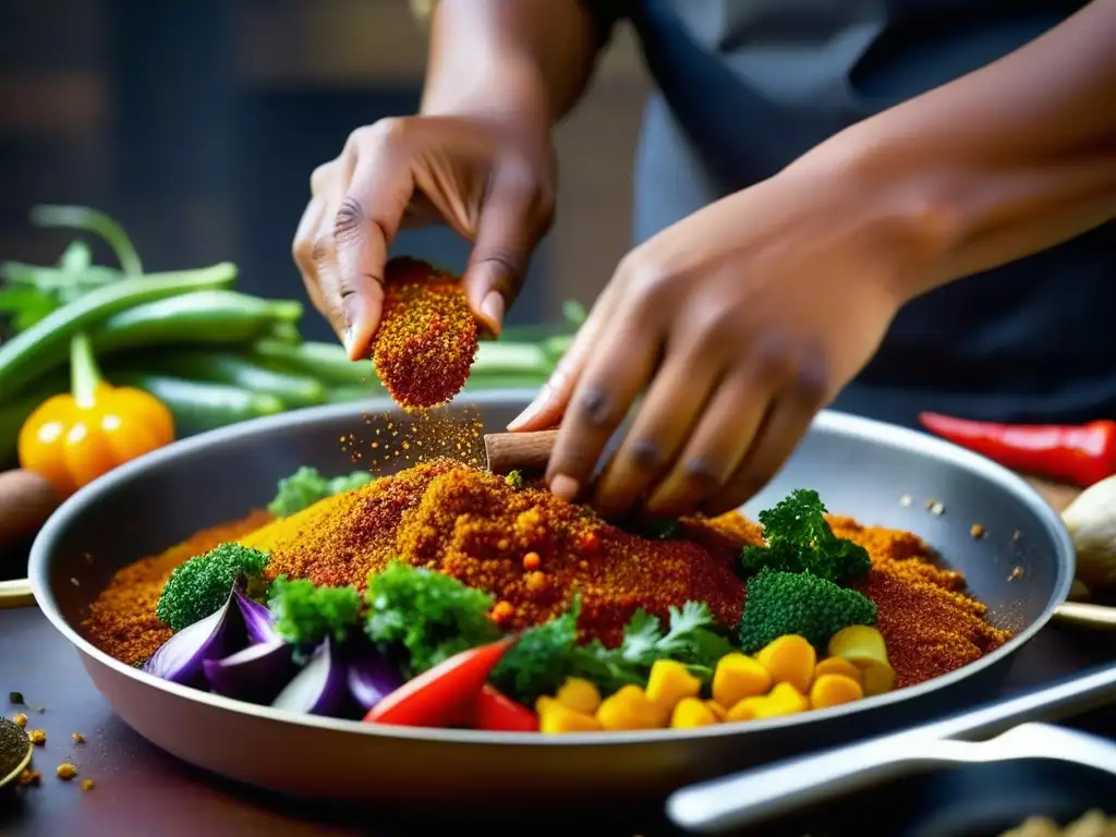 Un chef experto esparciendo ingredientes africanos en la cocina caribeña