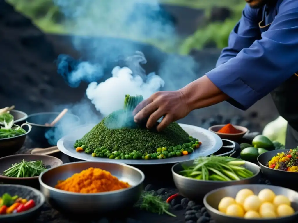 Un chef experto prepara ingredientes en un ambiente volcánico, destacando la técnica culinaria