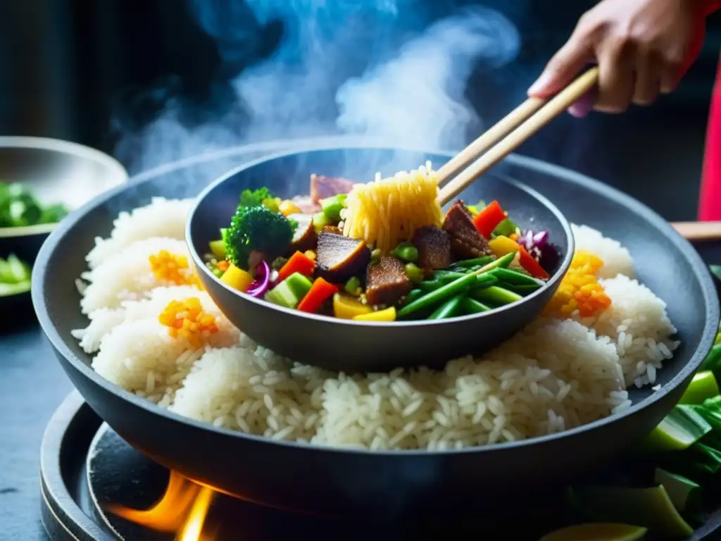 Un chef experto mezcla ingredientes para Arroz Chaufa, fusionando tradiciones culinarias