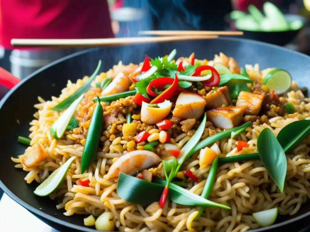 Un chef experto mezcla ingredientes clave del Nasi Goreng en un wok humeante en un mercado callejero de Indonesia