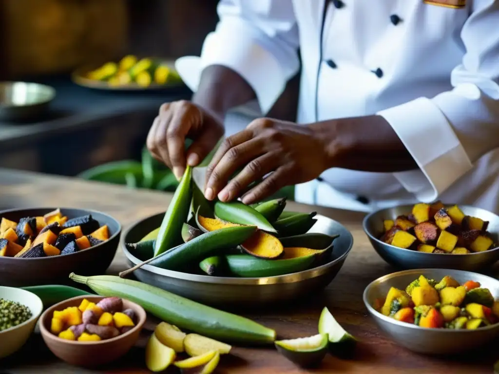 Un chef experto preparando ingredientes de cocina africana, mostrando texturas y colores vibrantes