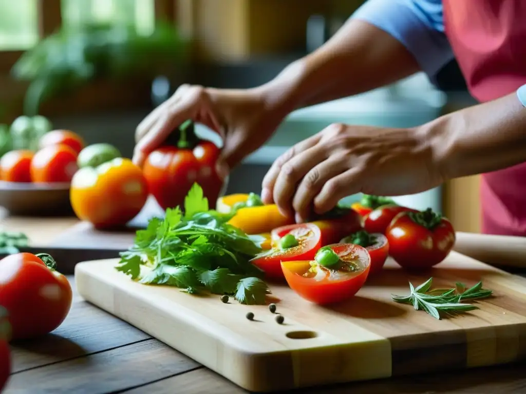 Un chef experto prepara ingredientes coloridos para una receta histórica de la dieta hispanoamericana en una cocina rústica