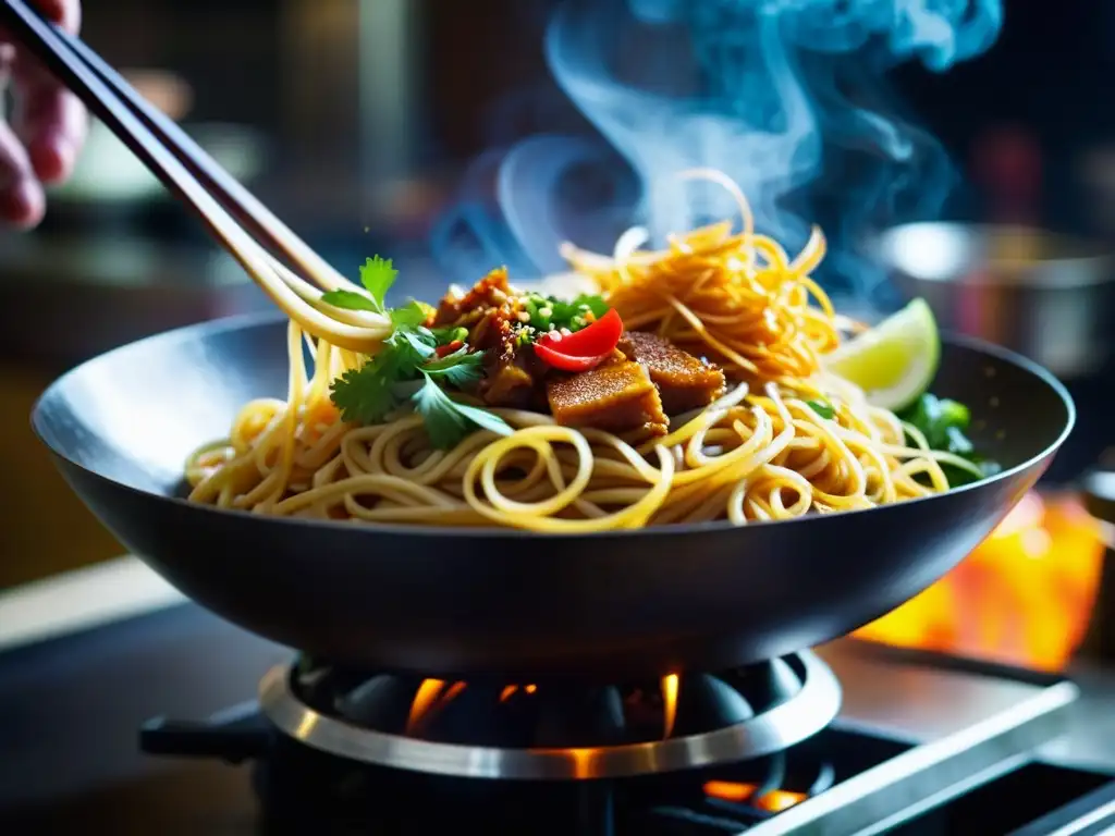 Un chef experto transforma ingredientes en un Mee Goreng cultural, capturando la esencia de la evolución culinaria