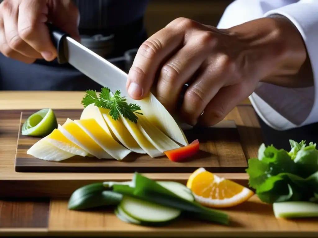 Un chef experto cortando ingredientes frescos para recetas históricas de cocina Samurái