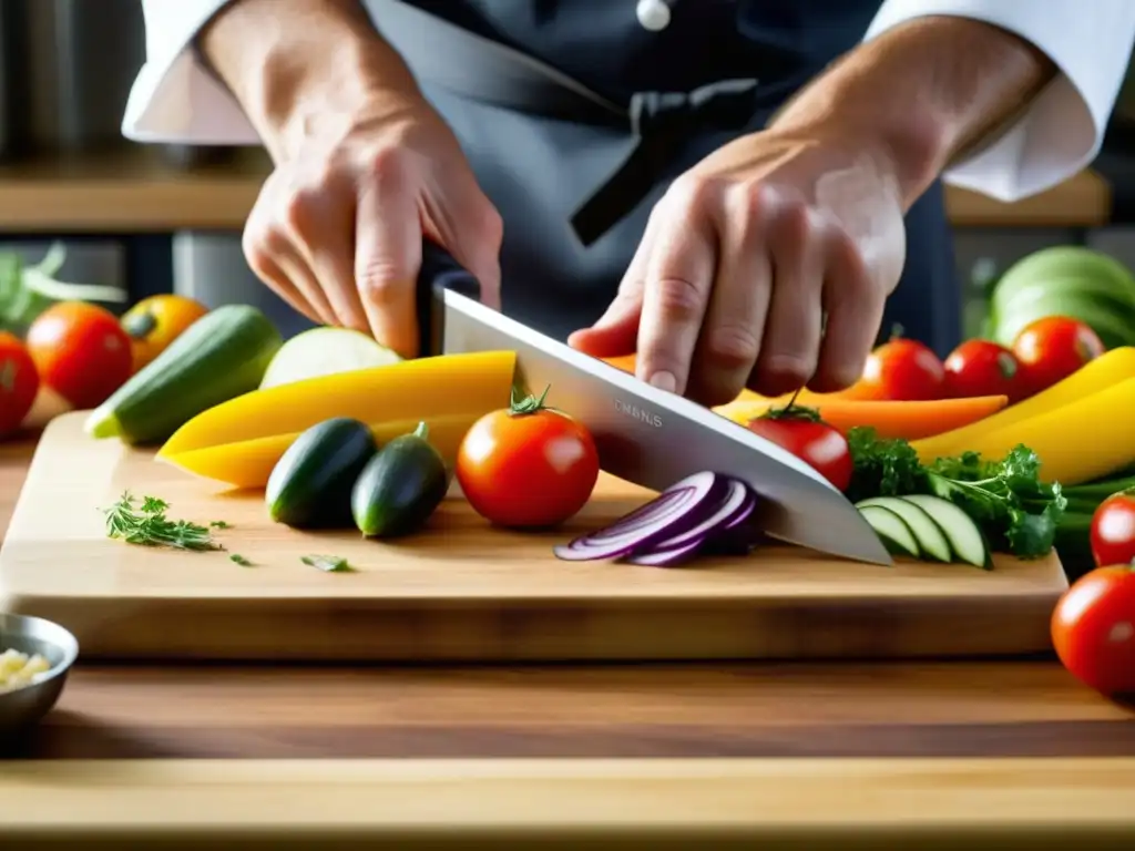 Un chef experto cortando ingredientes frescos con destreza en una tabla de madera