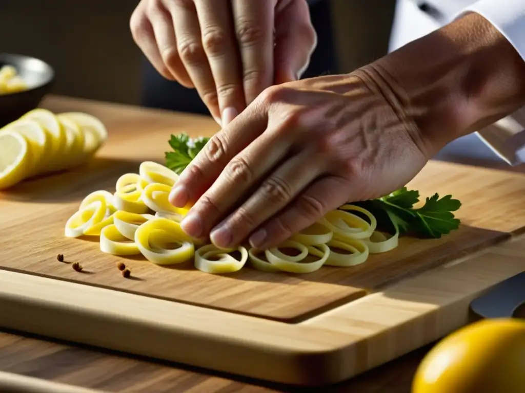 Un chef experto cortando ingredientes frescos con precisión, resaltando la importancia cultural de la gastronomía