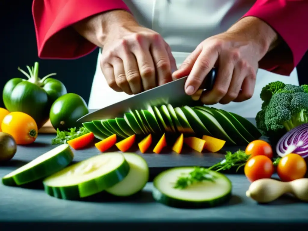 Chef experto cortando ingredientes frescos para un plato tradicional, influencia revistas técnicas culinarias tradicionales