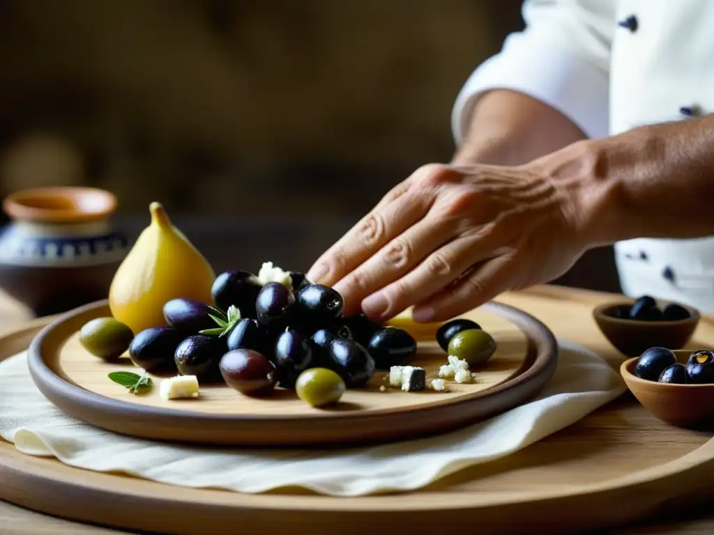 Un chef experto preparando ingredientes griegos antiguos en un plato rústico