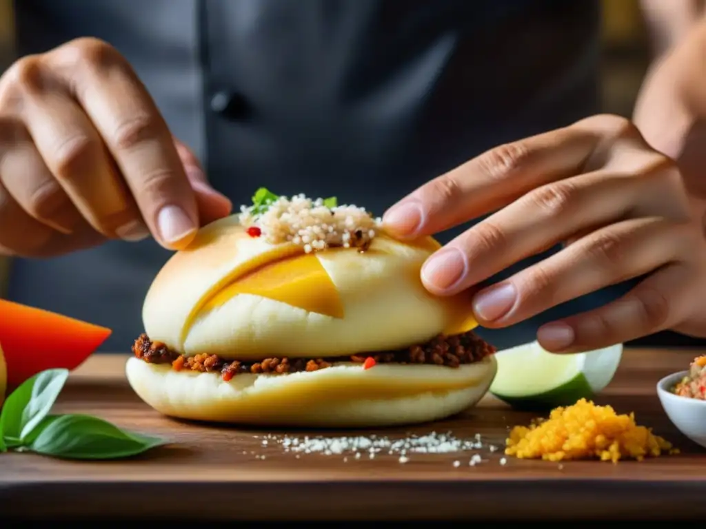 Un chef experto fusiona ingredientes como kimchi, curry y quinoa en una arepa venezolana, mostrando fusiones creativas arepas históricas