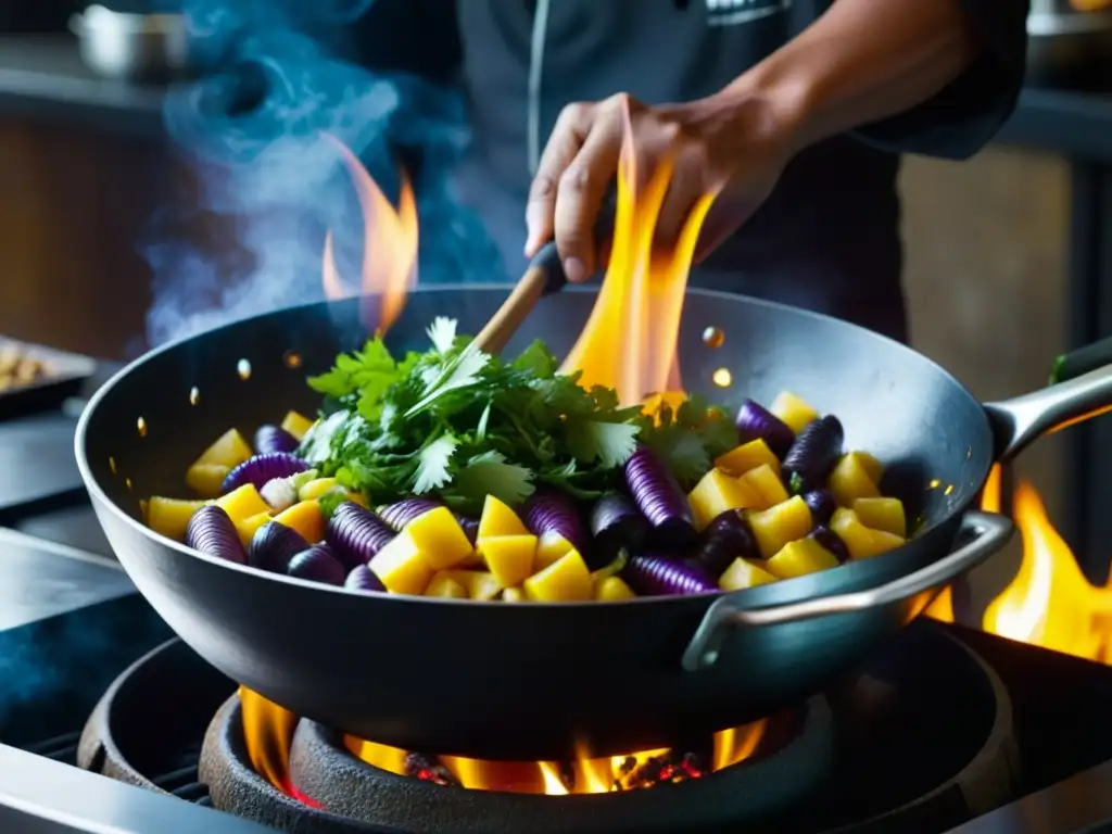 Un chef experto mezcla ingredientes peruanos en un wok humeante, mostrando la historia del wok en Perú