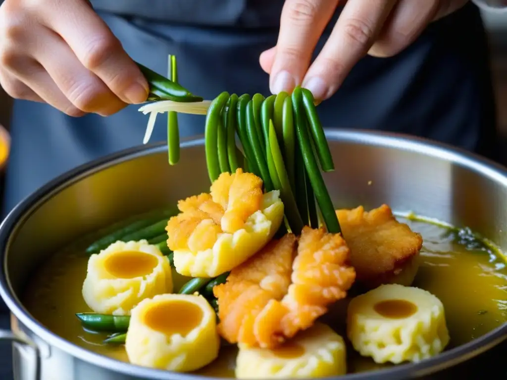 Un chef experto sumerge ingredientes en tempura, mostrando la técnica meticulosa del Origen Tempura Era Edo