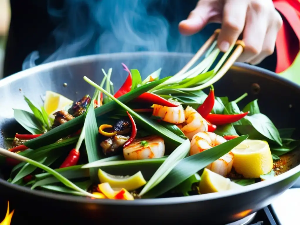 Un chef experto mezcla ingredientes vibrantes en un wok, capturando la esencia de la cocina fusión IndoChina