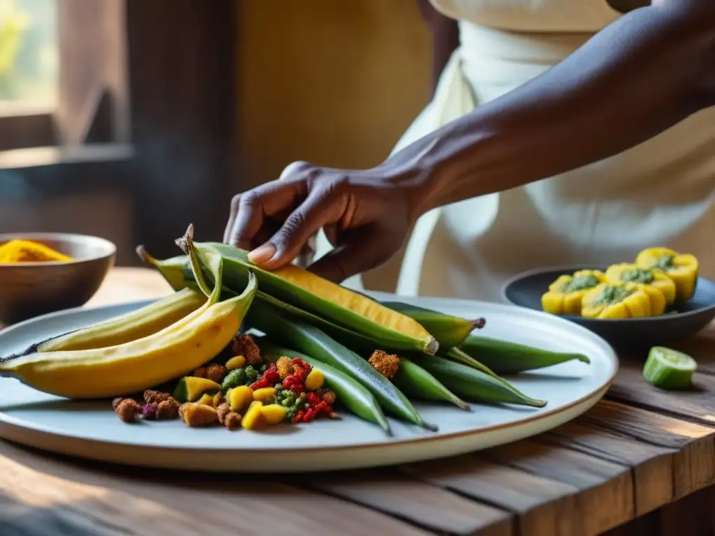 Un chef experto arregla ingredientes vibrantes en una mesa rústica, destacando la riqueza de recetas históricas imperios africanos precoloniales