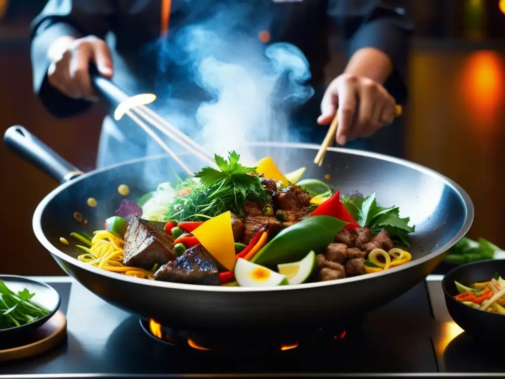 Un chef experto mezcla ingredientes en un wok, creando cocina fusión IndoChina recetas históricas