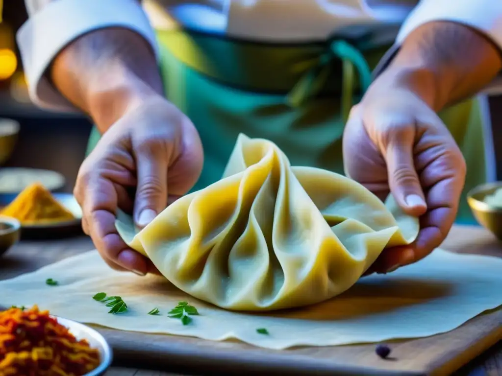 Un chef experto crea innovaciones en cocina de la Ruta de la Seda con sus manos hábiles y delicada masa