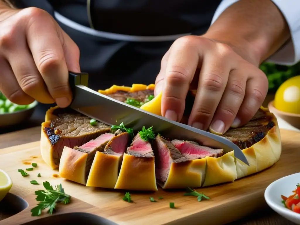 Un chef experto corta un chuletón de buey en Pamplona, revelando su jugosidad