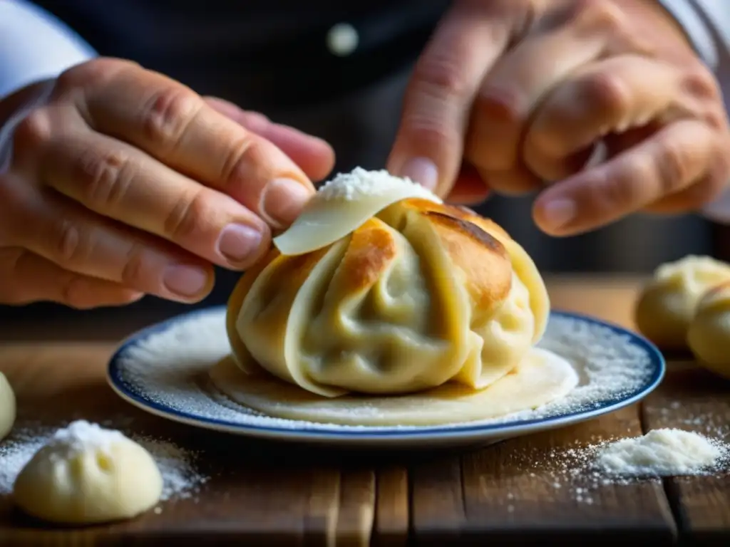 Un chef experto moldea un Knödel austriaco, mostrando la destreza y arte culinario detrás de las variedades de dumplings austrohúngaros