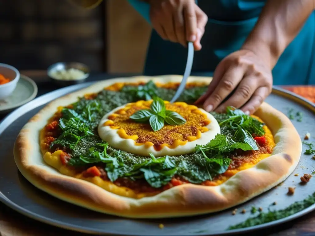 Un chef experto preparando Lahmajoon, receta histórica pizza armenia