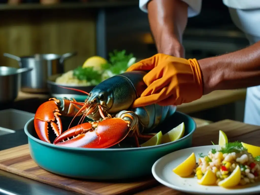 Un chef experto preparando langosta en una cocina rústica, mostrando la importancia cultural de los mariscos en la conquista europea