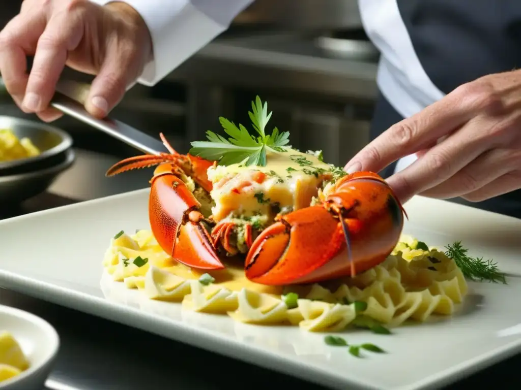 Un chef experto preparando Langosta Thermidor con precisión en cocina elegante