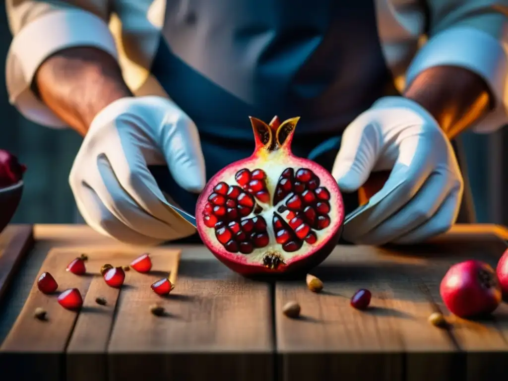 Chef experto corta granada madura en tabla rústica, mostrando recetas históricas cultura épocas