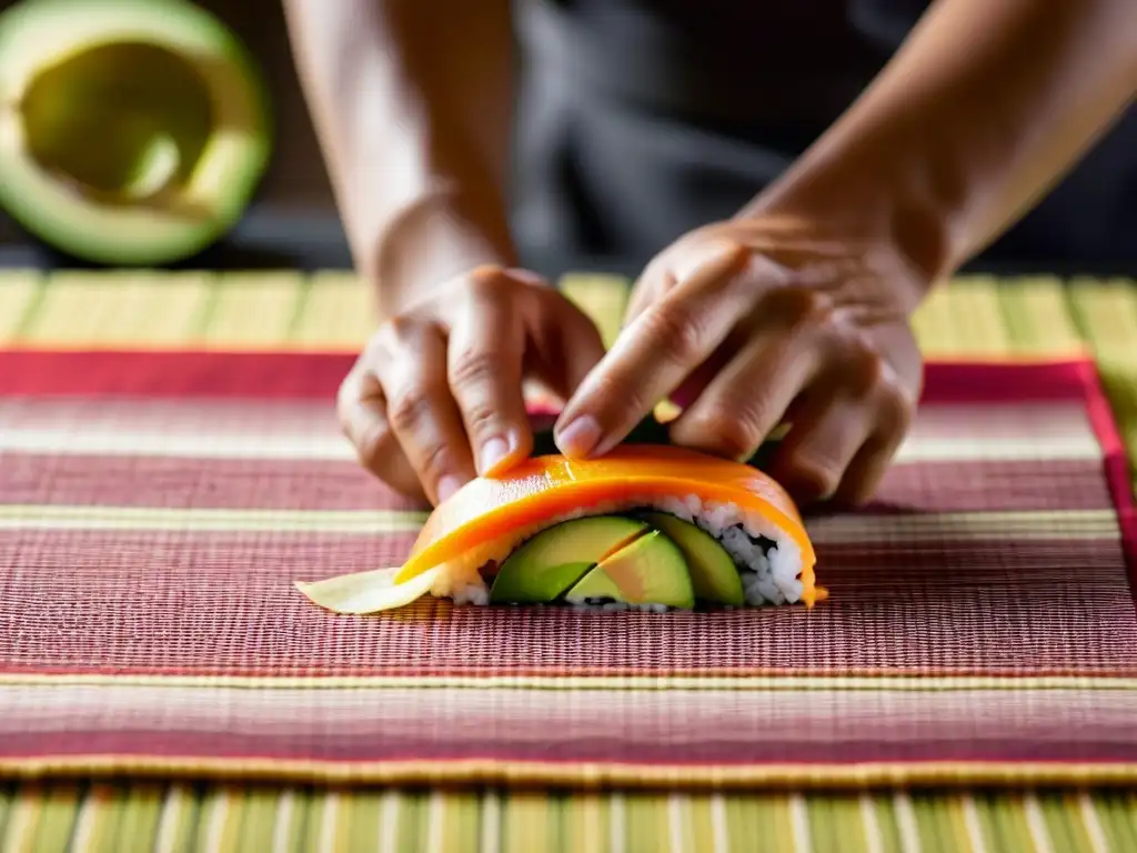 Un chef experto preparando un maki criollo con ingredientes peruanos y japoneses, destacando la fusión cultural