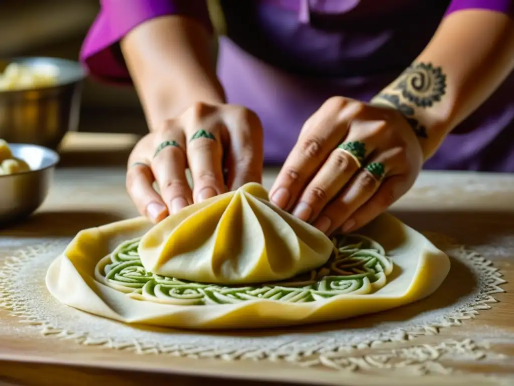 Un chef experto elaborando manti uzbekos en el Festival Gastronómico de Samarkand, mostrando la fusión de recetas históricas y cultura culinaria