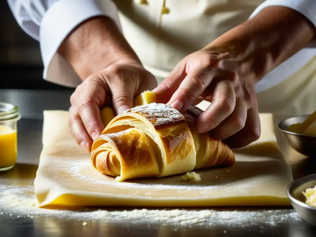 Un chef experto preparando masa de croissant, fusionando la cocina francesa en Sudamérica