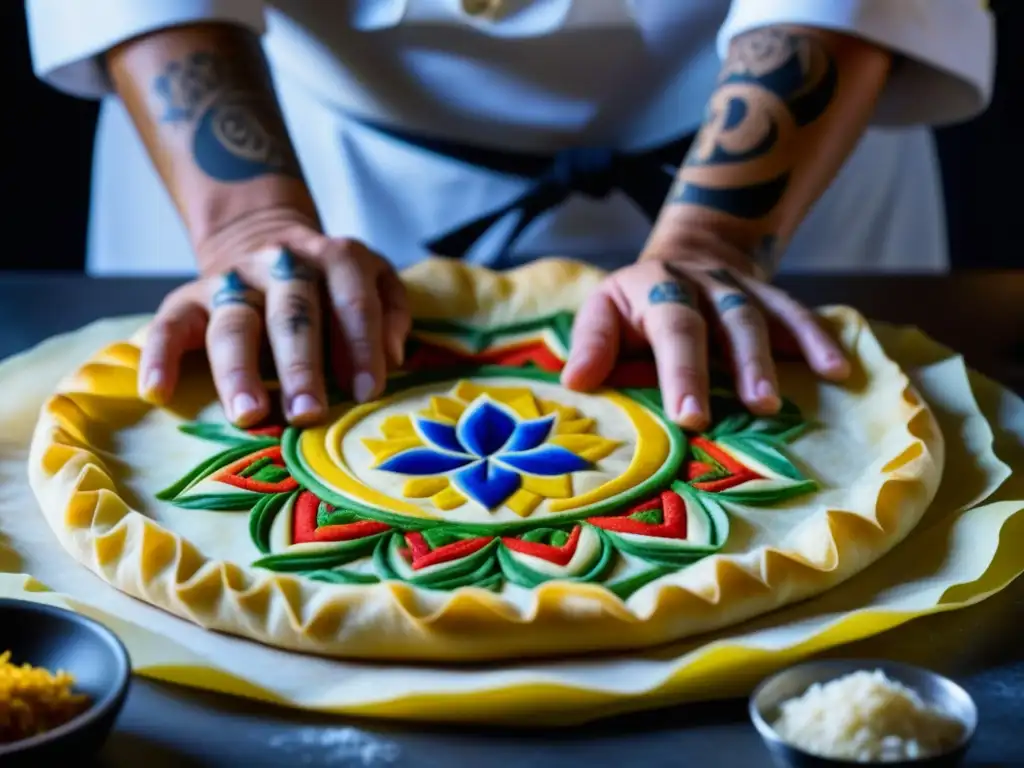 Chef experto elaborando masa filo con precisión y arte, decorada con tatuajes culinarios coloridos