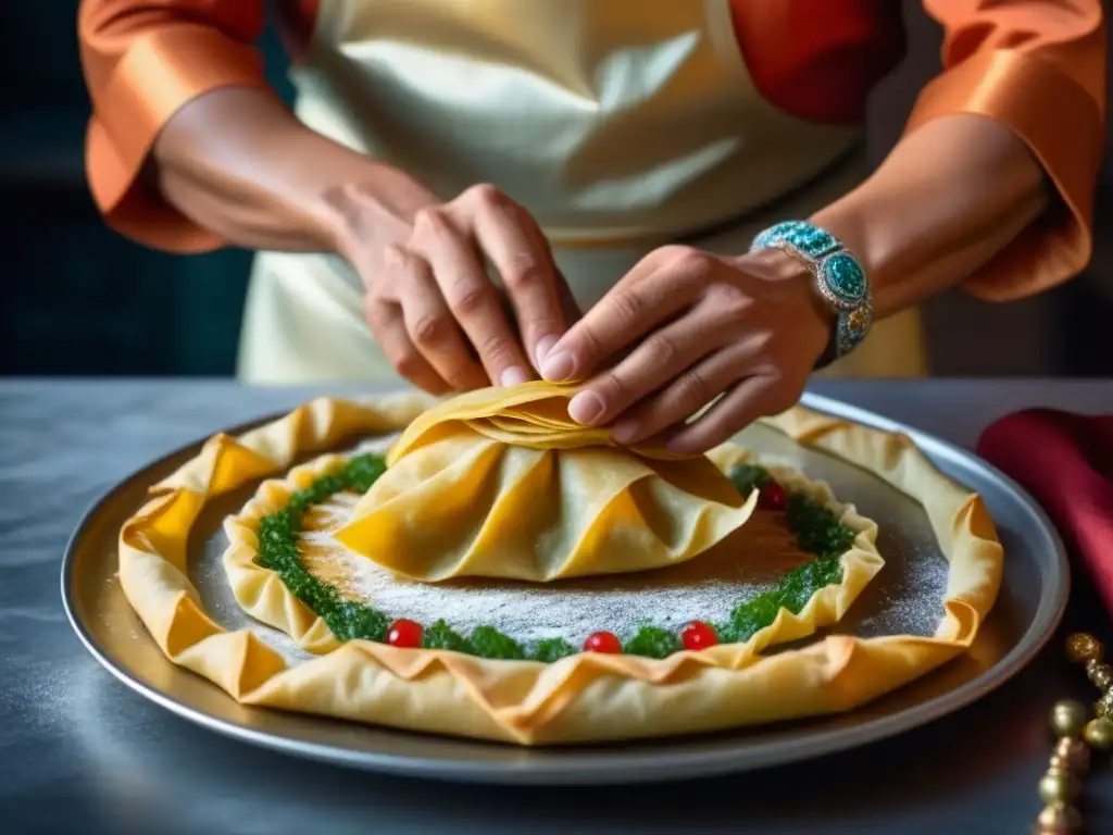 Un chef experto dobla delicadamente la masa filo para crear una exquisita pastilla marroquí