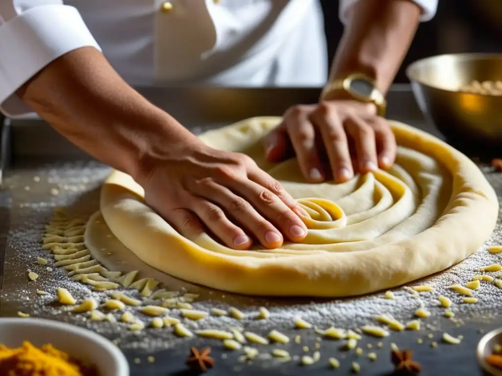 Un chef experto moldea masa fina para pastelería árabe, con especias coloridas al fondo