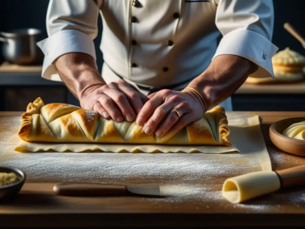 Un chef experto amasa delicadamente masa de hojaldre, resaltando la elaboración de alimentos históricos Europa siglo XIX
