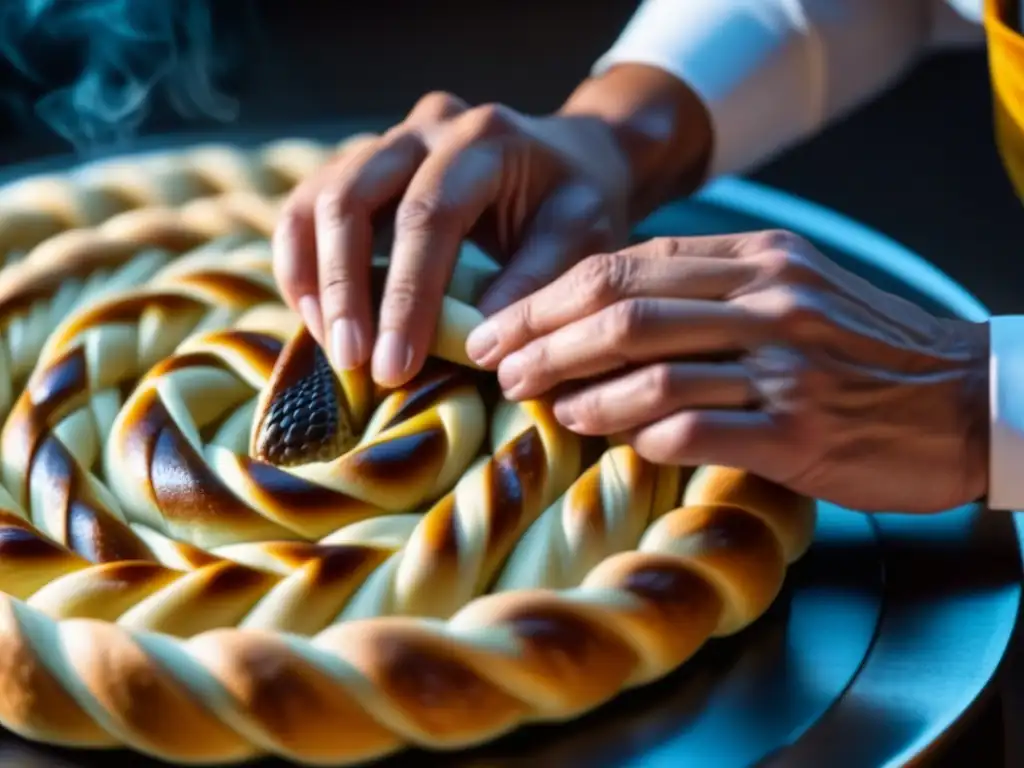 Chef experto trenzando masa para un M'hancha, rollo de serpiente repostería marroquí