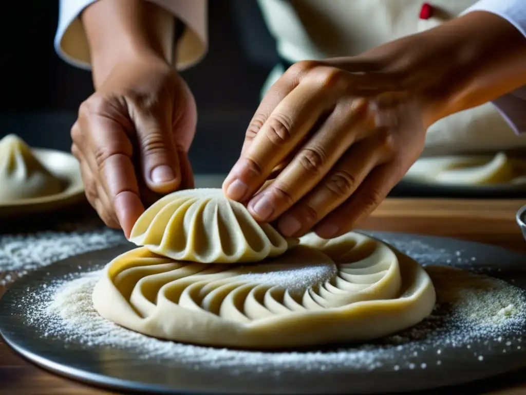 Un chef experto moldea delicadamente masa para dumplings mongol-indios